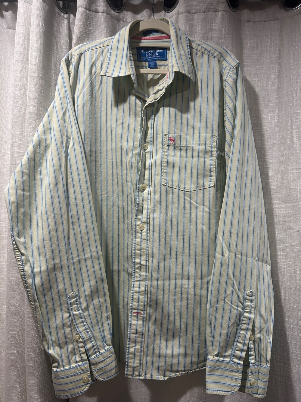 VintageAbercrombie & Fitch Men’s Pale Yellow Button-Down Shirt with Blue Stripes